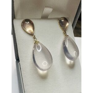Large  pair of rose quartz teardrop earrings in 14k gold